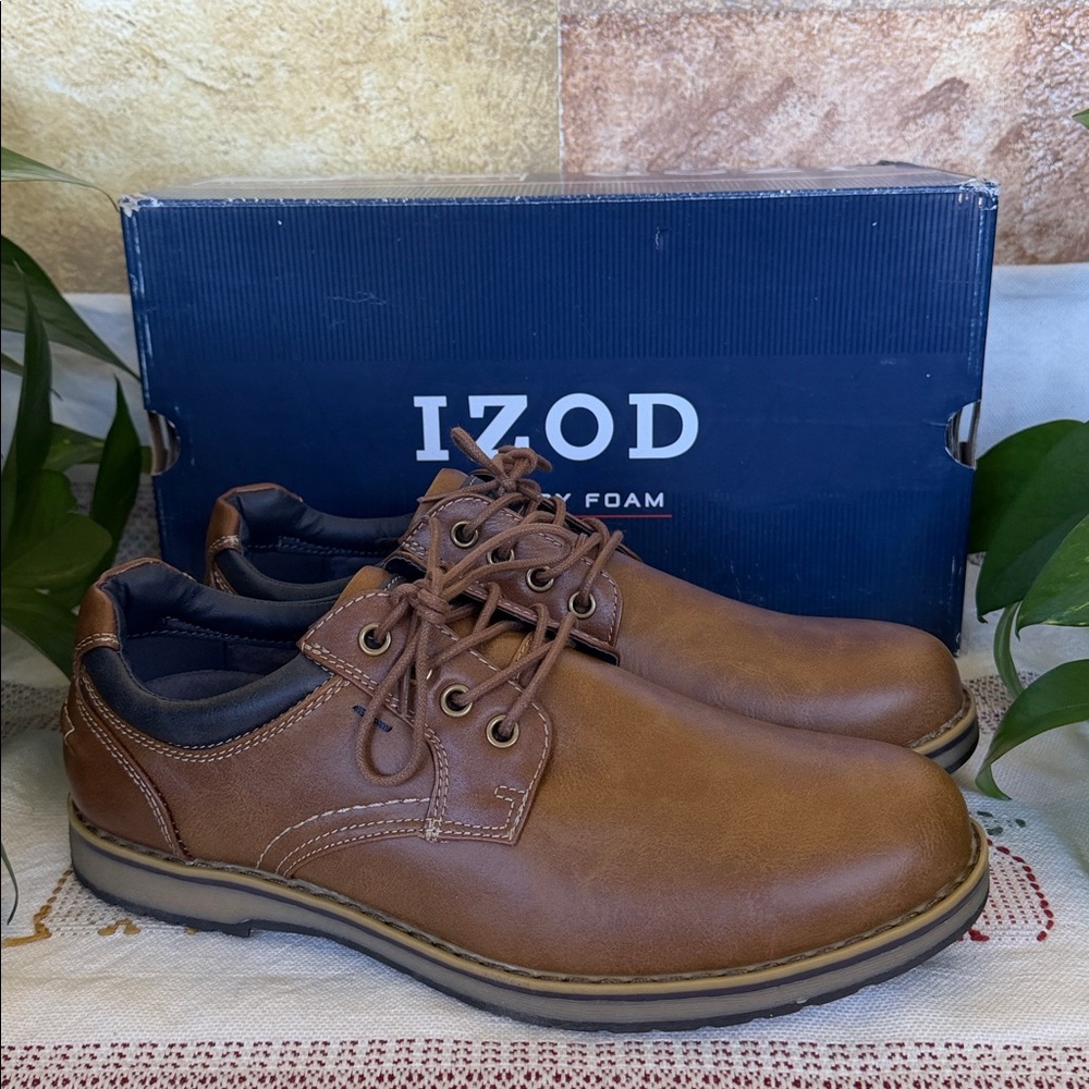 NEW Izod Men’s Cognac Brown/Blue Faux Leather Casual Dress Oxford Shoes, Size 9M